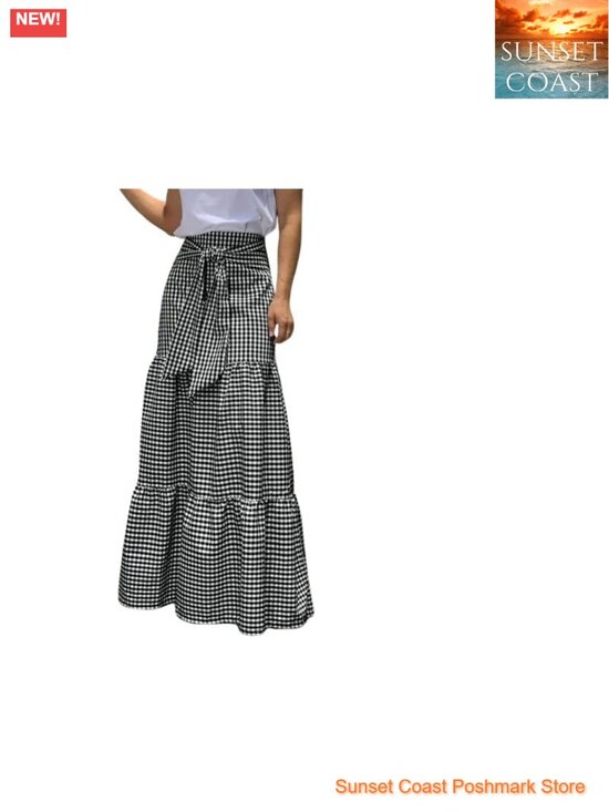 Dresses & Skirts - Boho Plaid Maxi Skirt High Waist A-Line Tiered Ruffle Hem